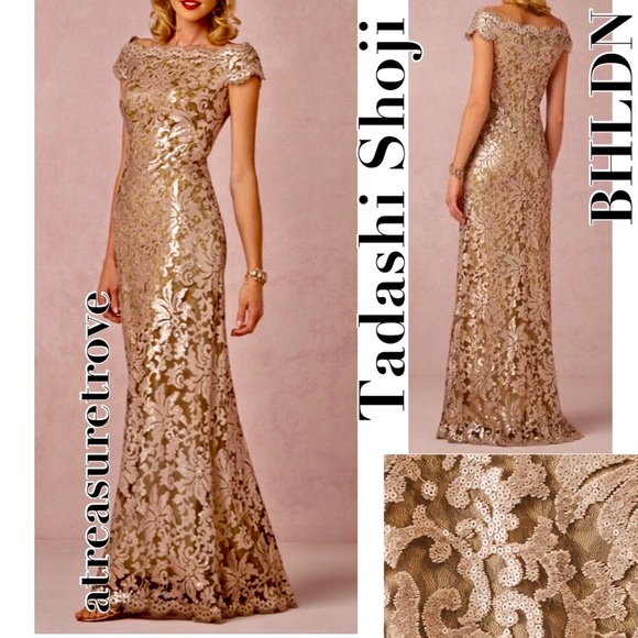 Tadashi Shoji x BHLDN Odette 4 & 10 Gold Green Sequin Lace Maxi Gown - Picture 4 of 13